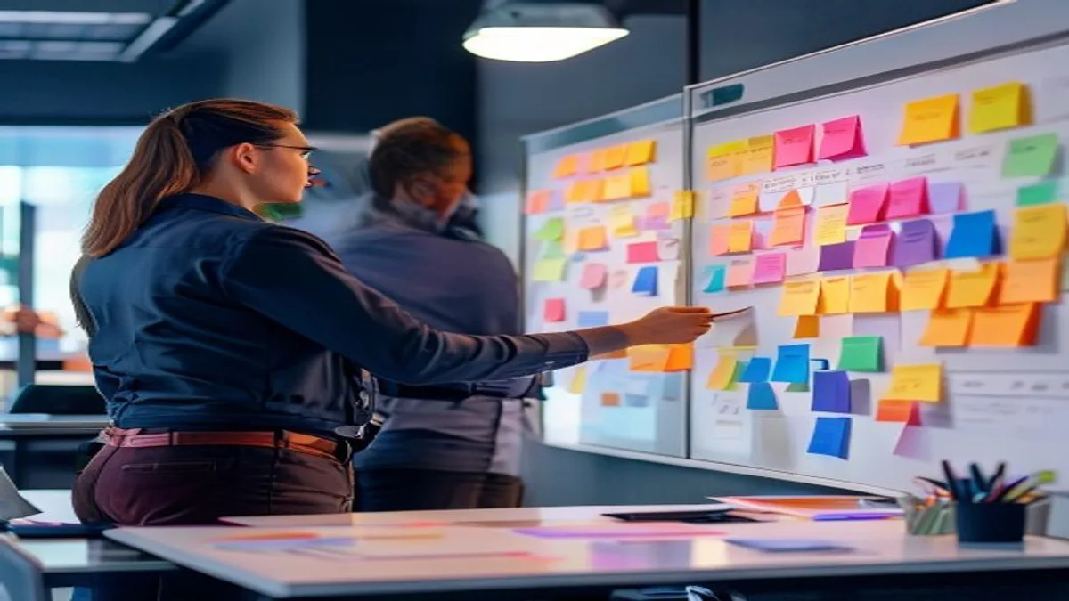 Two people at a whiteboard grouping color-coded sticky notes into clusters during a planning session