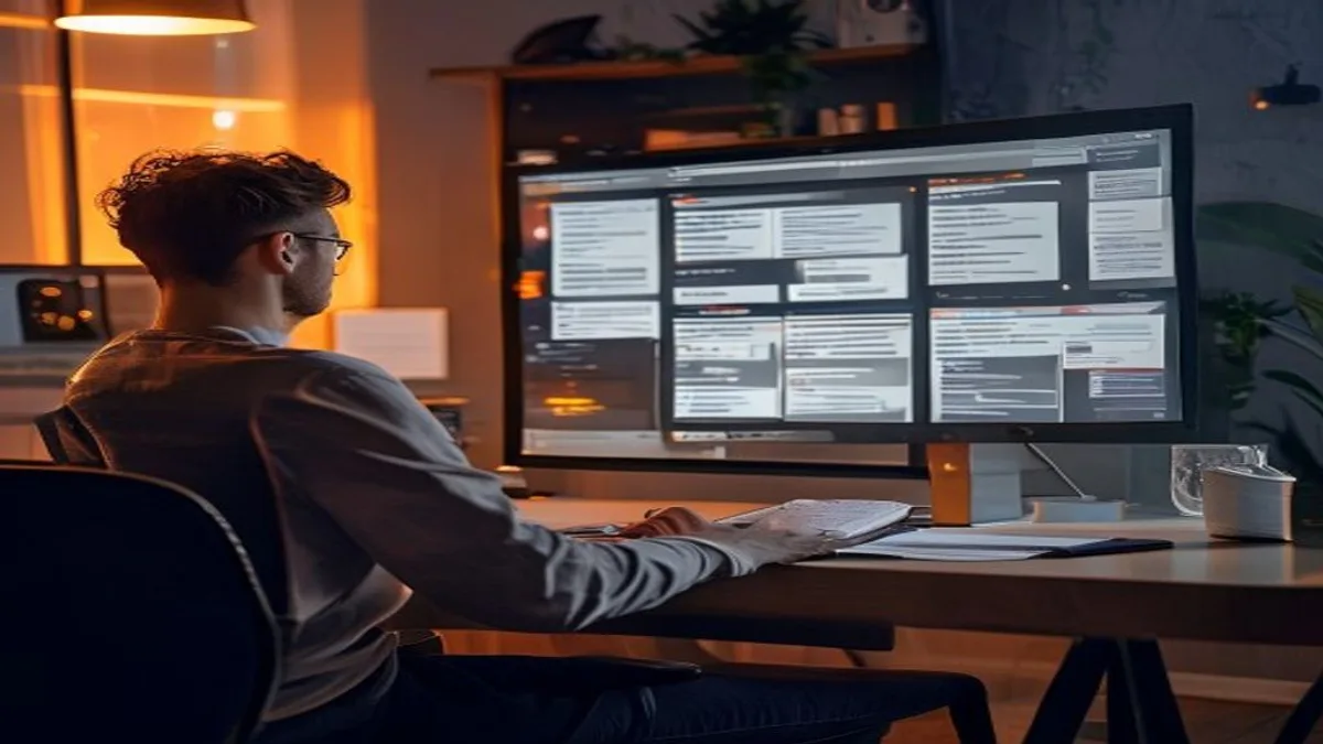 Person reviewing a content plan on a large monitor showing a structured table of pages and topics