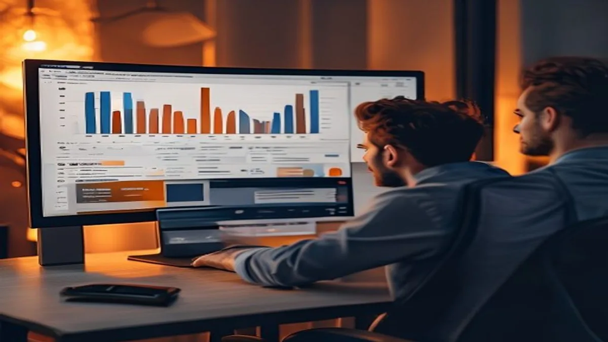 Marketer at a desk reviewing a backlink profile dashboard with referring-domain charts on a large monitor