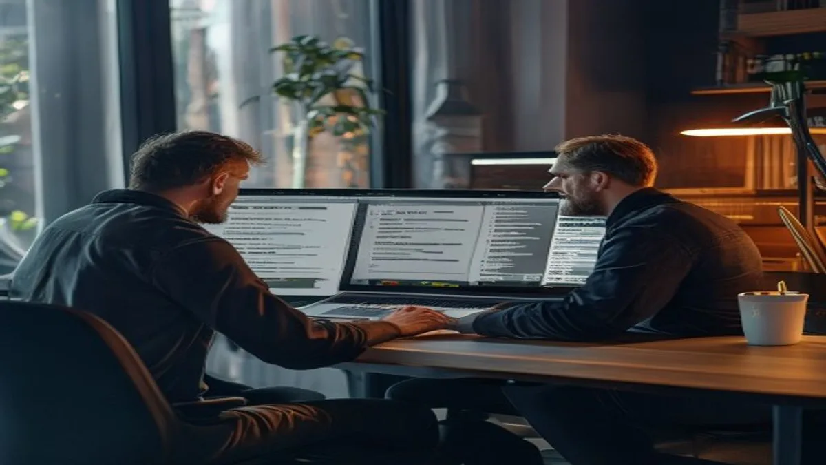 Two colleagues at a laptop drafting a short outreach email, a broken-link checker results list visible on screen