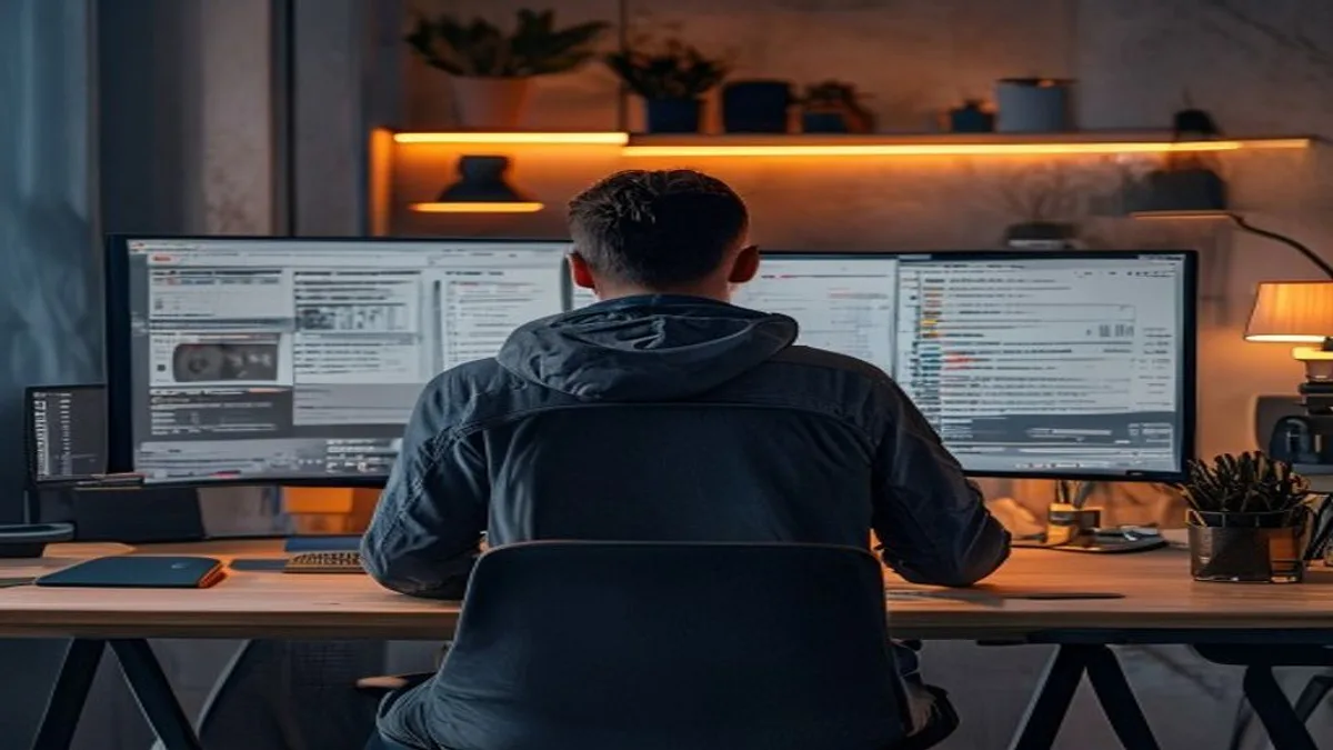 Person at a standing desk filling out a disavow spreadsheet while a referring-domains table loads on a second screen
