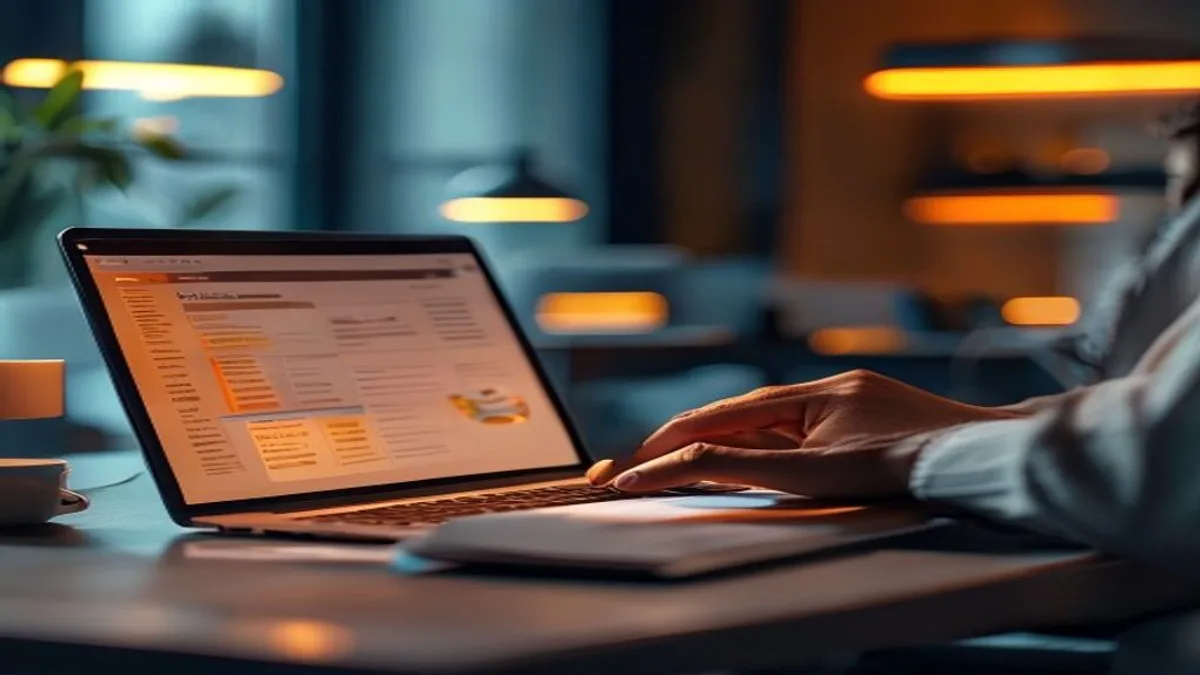 Marketer reviewing a keyword list and conversion chart on a laptop at a desk