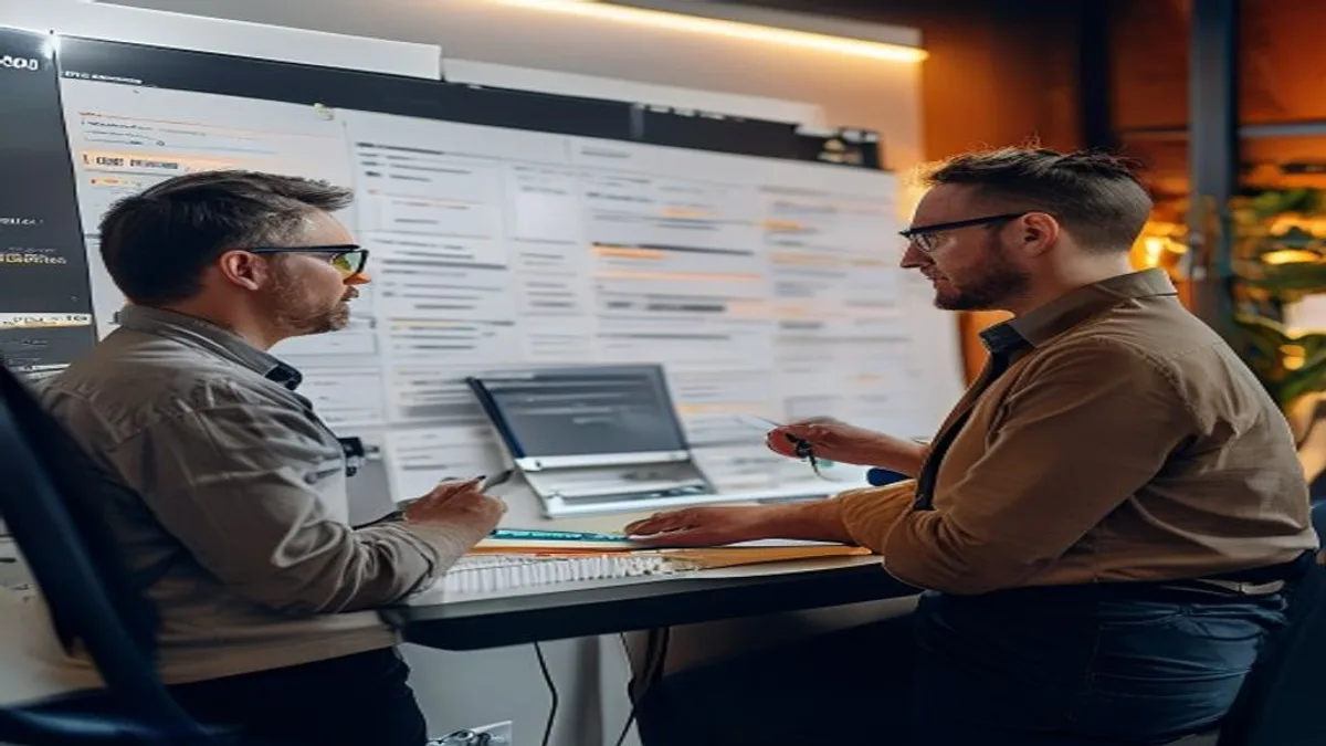Two colleagues mining search suggestions and writing keyword ideas on a whiteboard