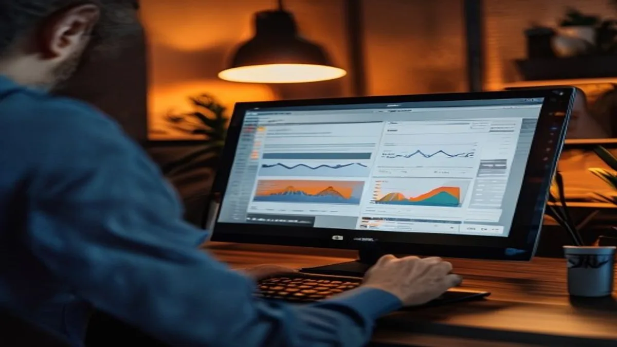 Person checking a website audit dashboard with performance scores on a monitor