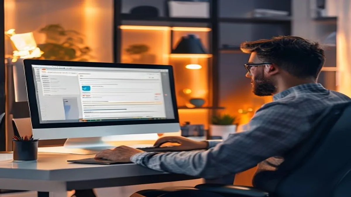 Marketer reviewing Google search results on a desktop monitor in an office
