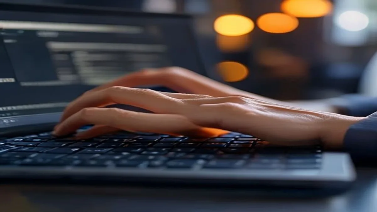 Hands typing on a laptop keyboard with a website CMS editor open on screen