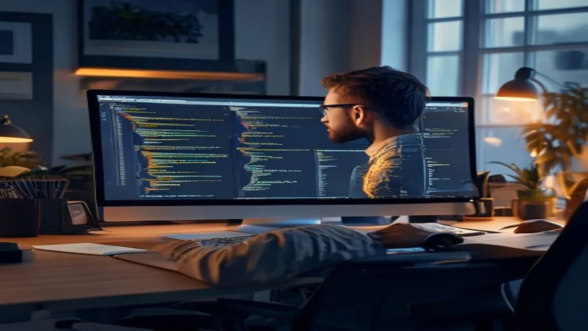 Developer reviewing a robots.txt file open in a code editor on a desktop monitor