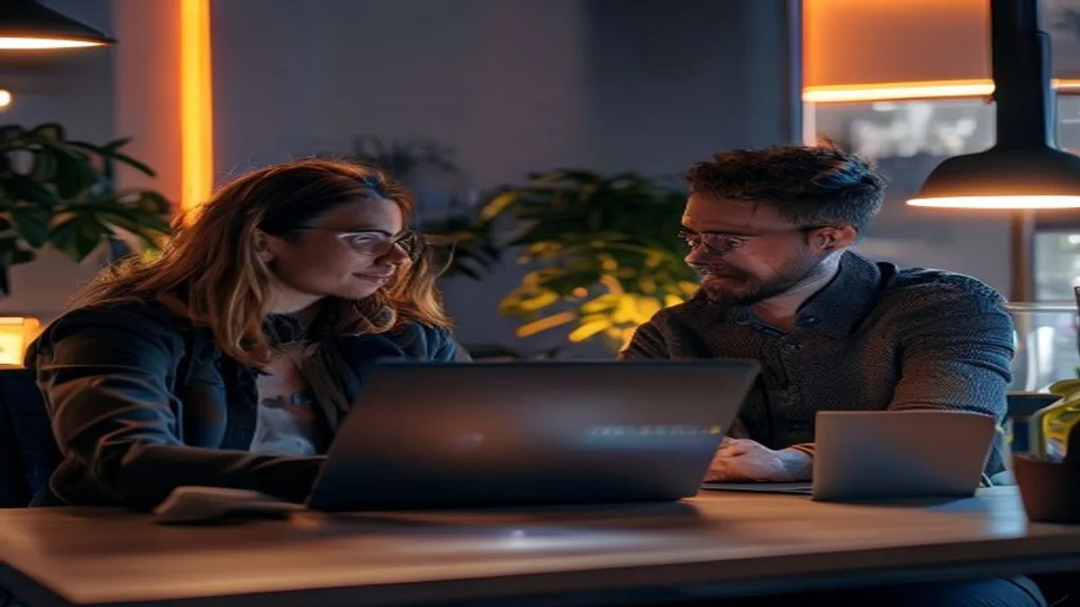 Two colleagues at a desk discussing crawl rules shown on a laptop screen in an office