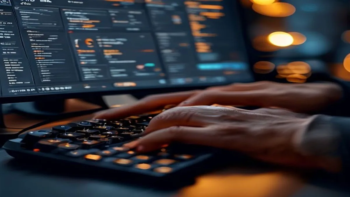 Hands typing on a keyboard with a website crawl audit dashboard on the monitor