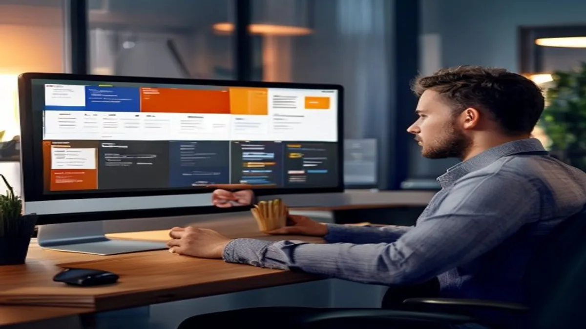 Marketing strategist at a desk pointing to four labeled search-result categories on a monitor