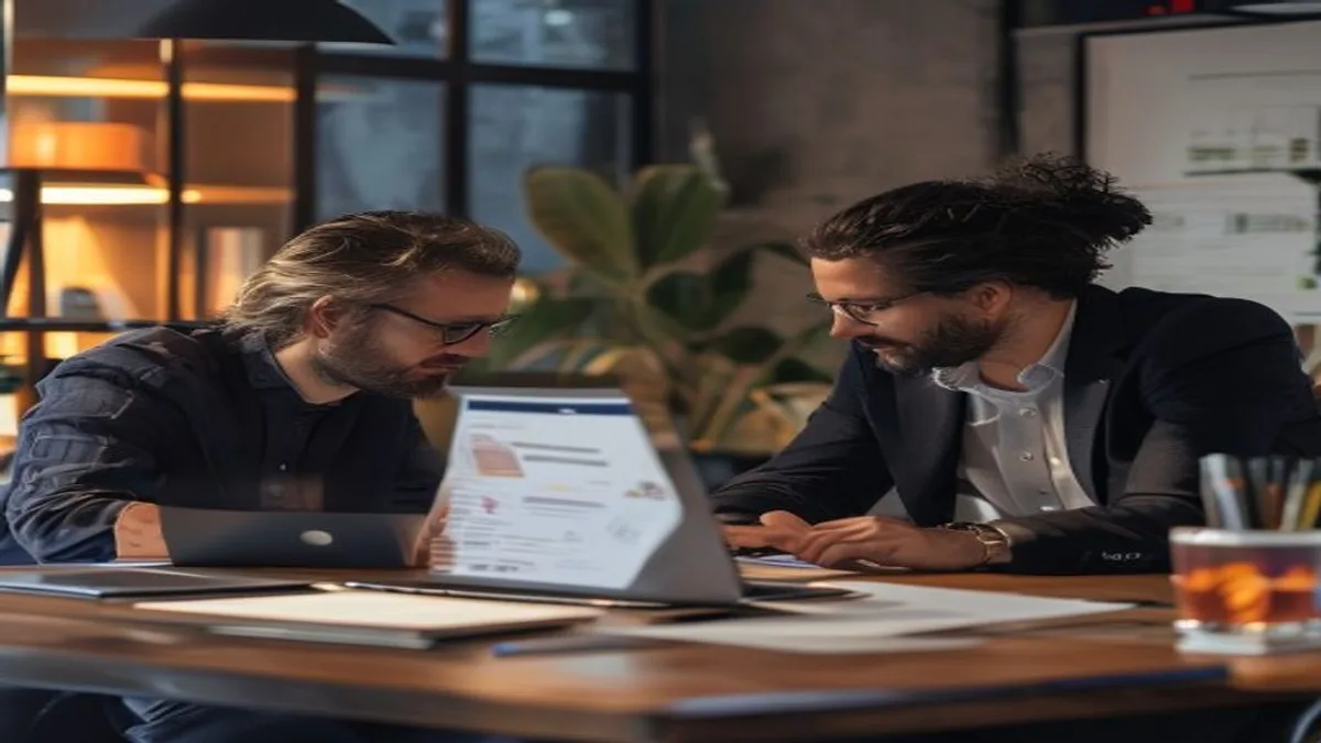 Two people reviewing a Google results page on a laptop and comparing it to a content plan on paper