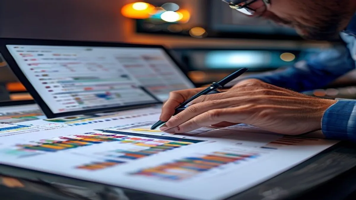 SEO specialist annotating a spreadsheet of keywords tagged by intent type on a large monitor