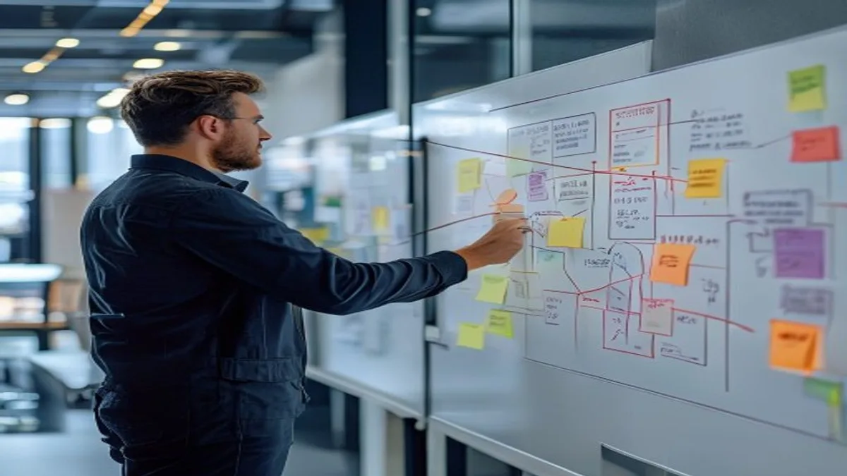 Marketer at a desk sketching a content map on a large whiteboard with sticky notes and connecting lines