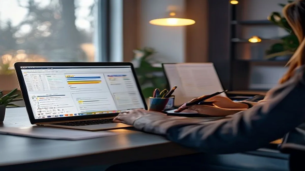 Two laptop screens side by side showing Google search results being compared by a person taking notes