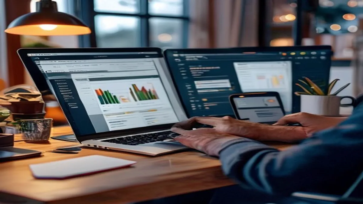 Marketer reviewing Shopify collection page analytics on a laptop in an office