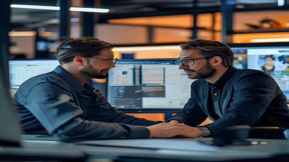 Two colleagues comparing a slow and fast store speed report on a monitor
