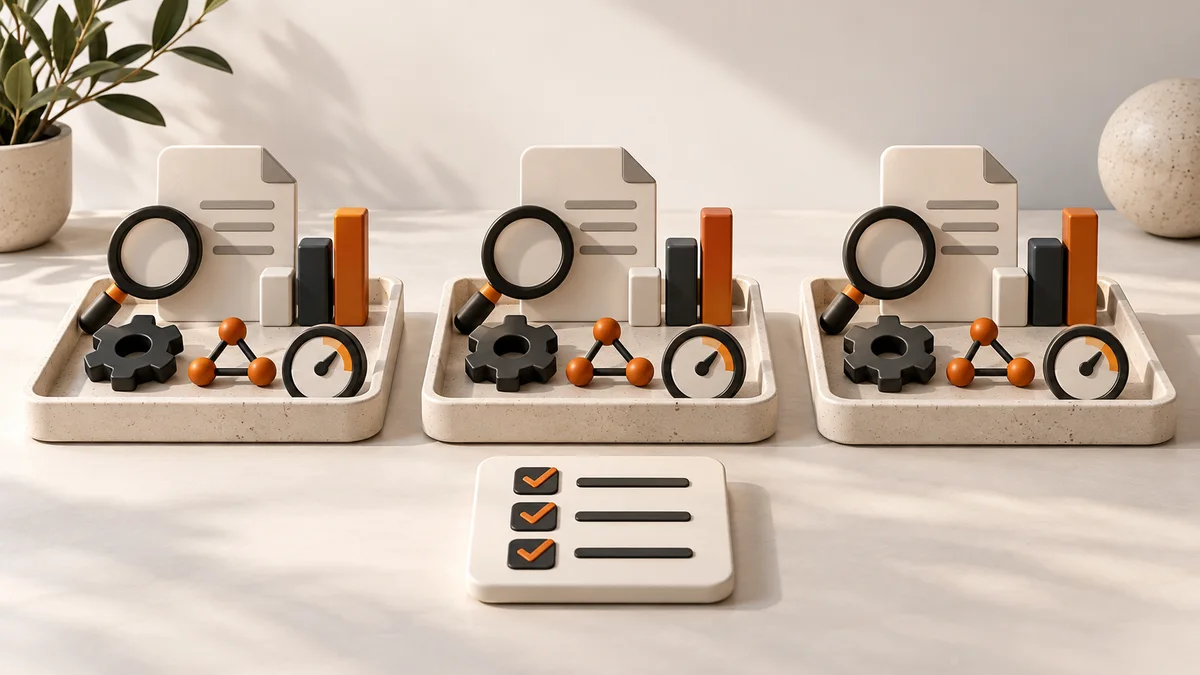 Three equal SEO audit tool trays assessed against a shared checklist.