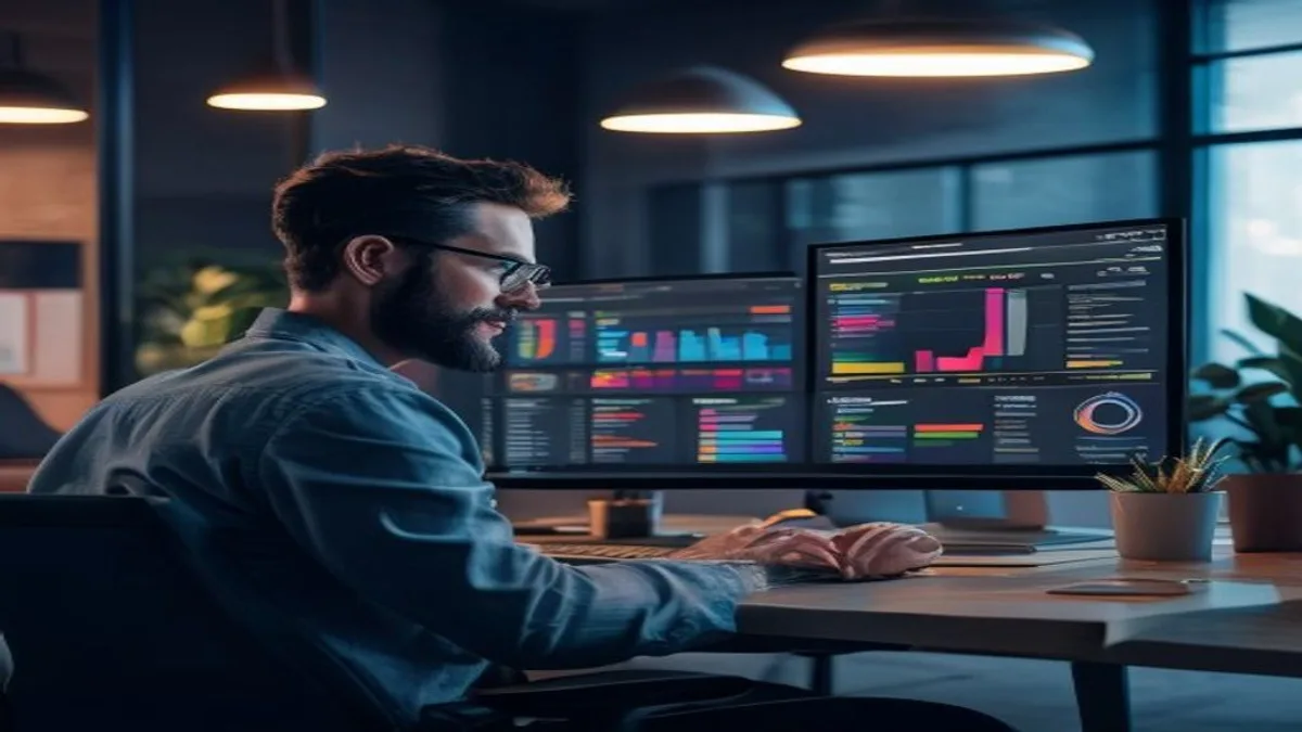 Web developer reviewing a Core Web Vitals report on a large monitor in an office