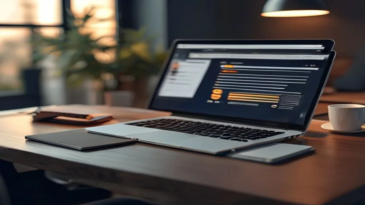 Office desk with a laptop showing a secure HTTPS padlock in the browser address bar