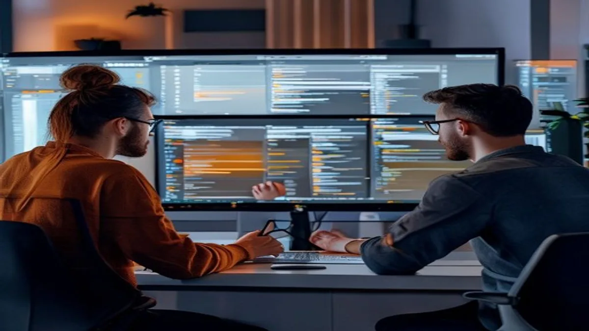 Two front-end developers pair programming at a desk, pointing at HTML markup with preload link tags on screen