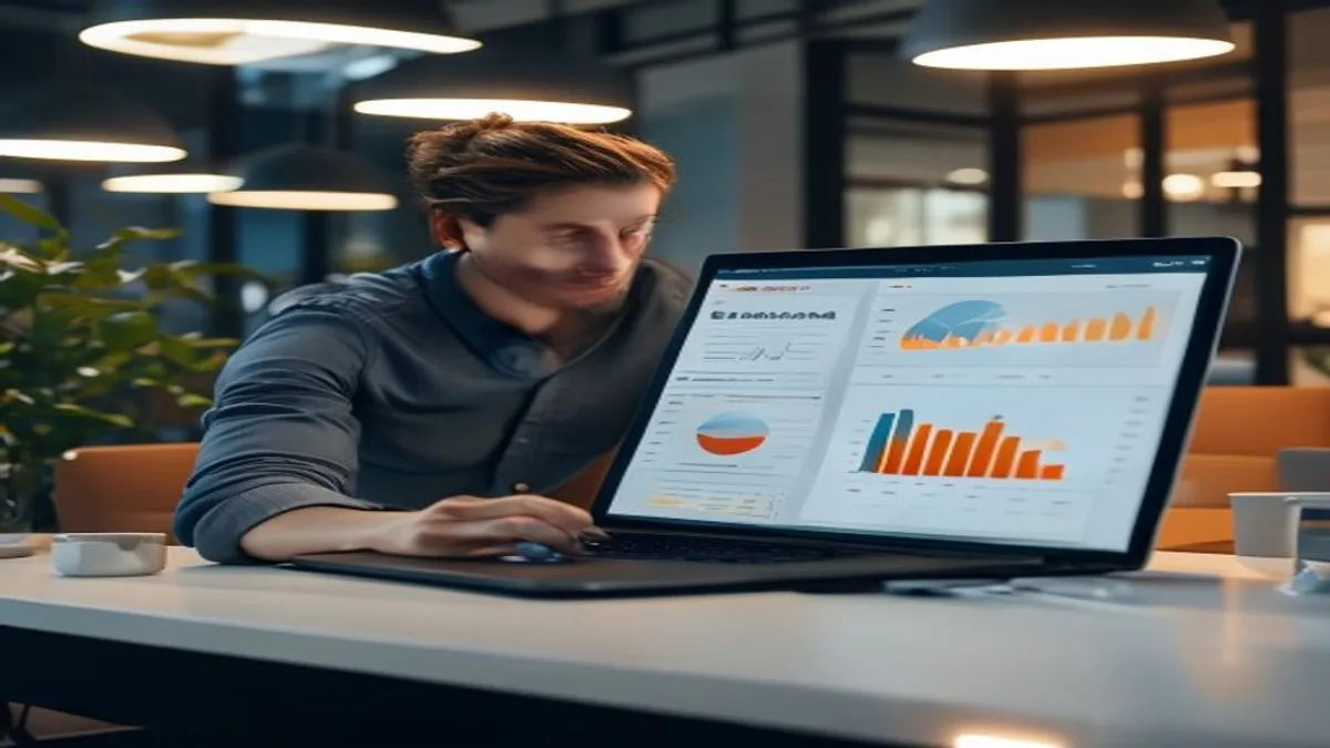 Marketing analyst comparing before-and-after Core Web Vitals charts on a laptop in a bright office