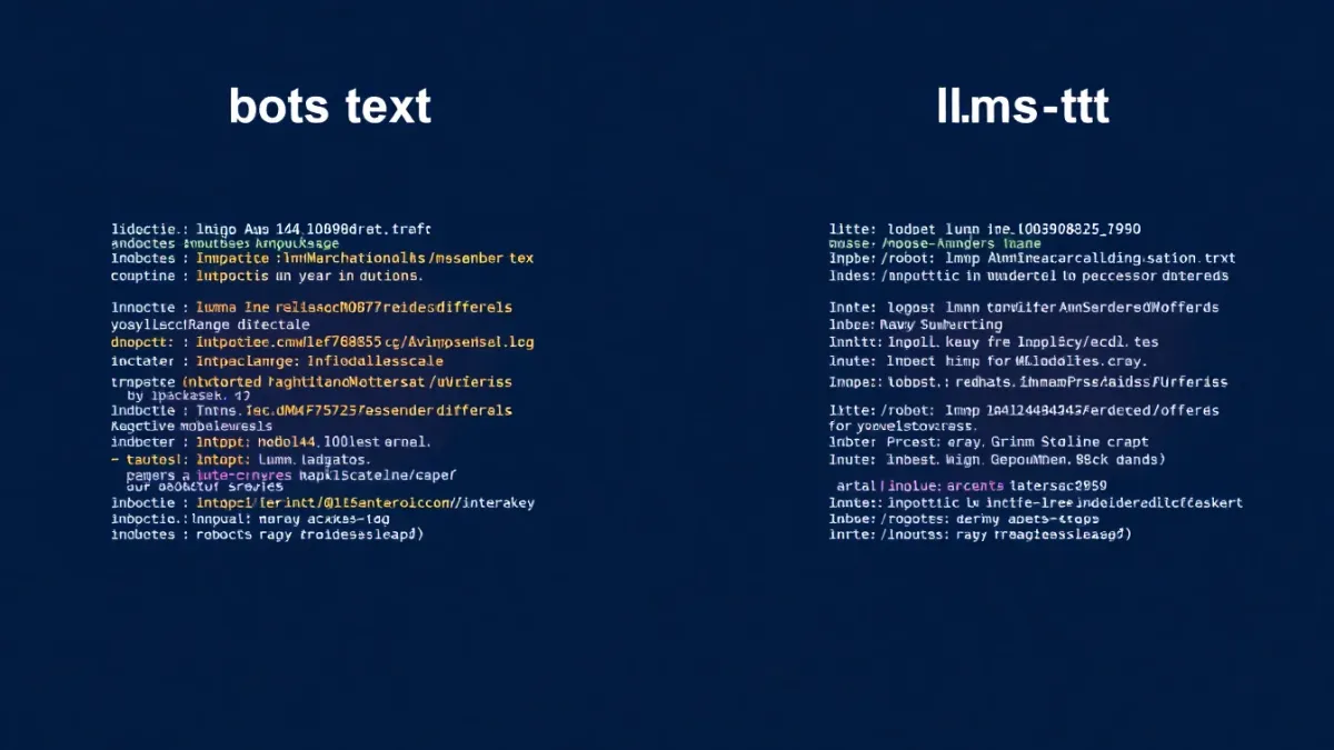 Browser showing llms.txt file contents at a website root URL alongside robots.txt in the file directory