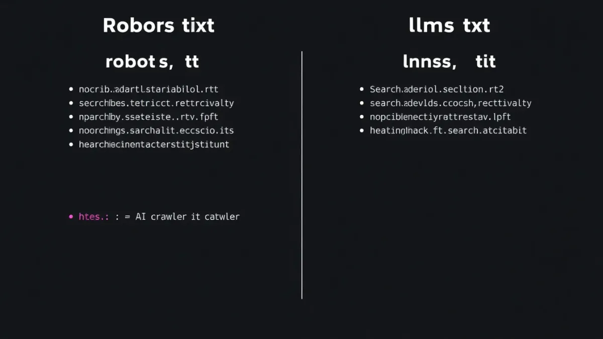 Comparison diagram showing robots.txt blocking all AI crawlers versus llms.txt providing granular control over training retrieval and citation