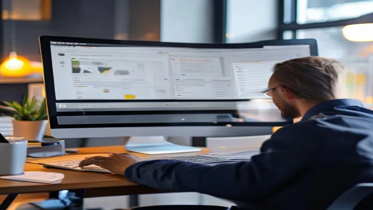 SEO specialist reviewing a sitemap coverage report on a desktop monitor in an office