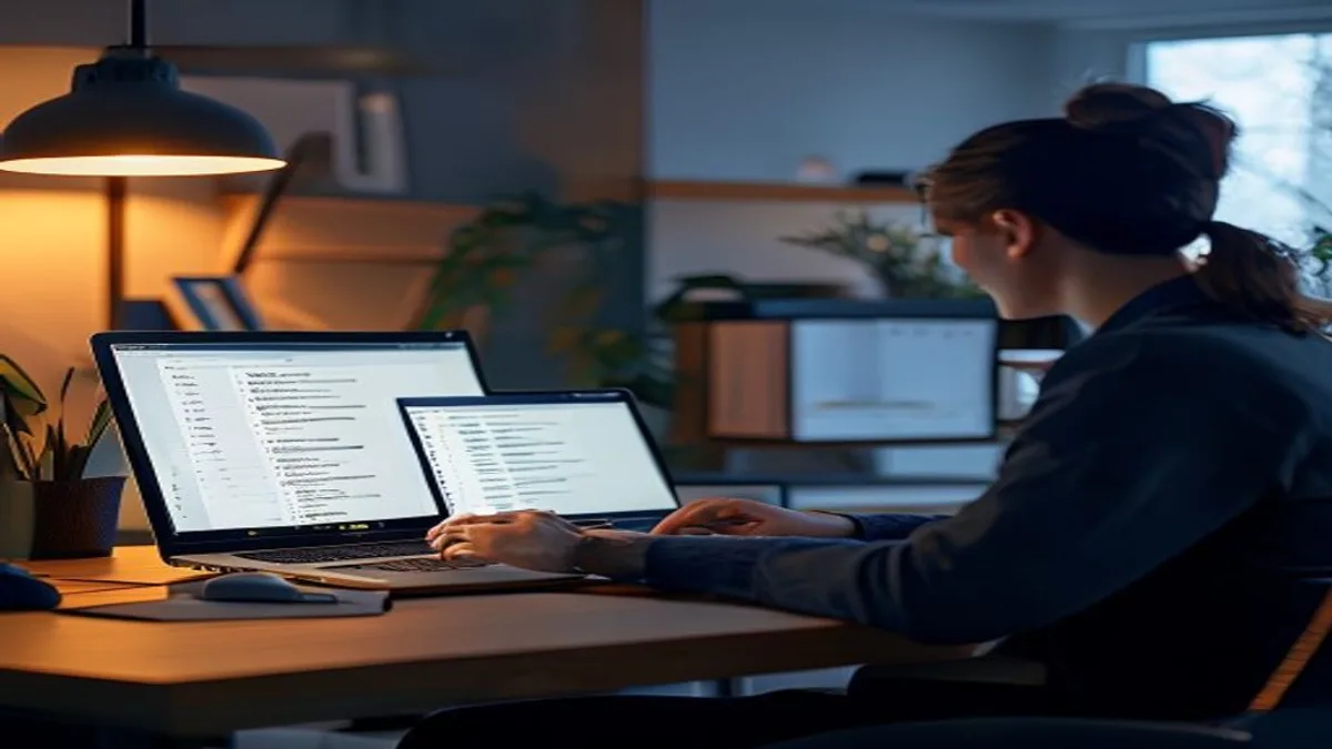 Two colleagues at a laptop checking sitemap XML code with the file open on screen