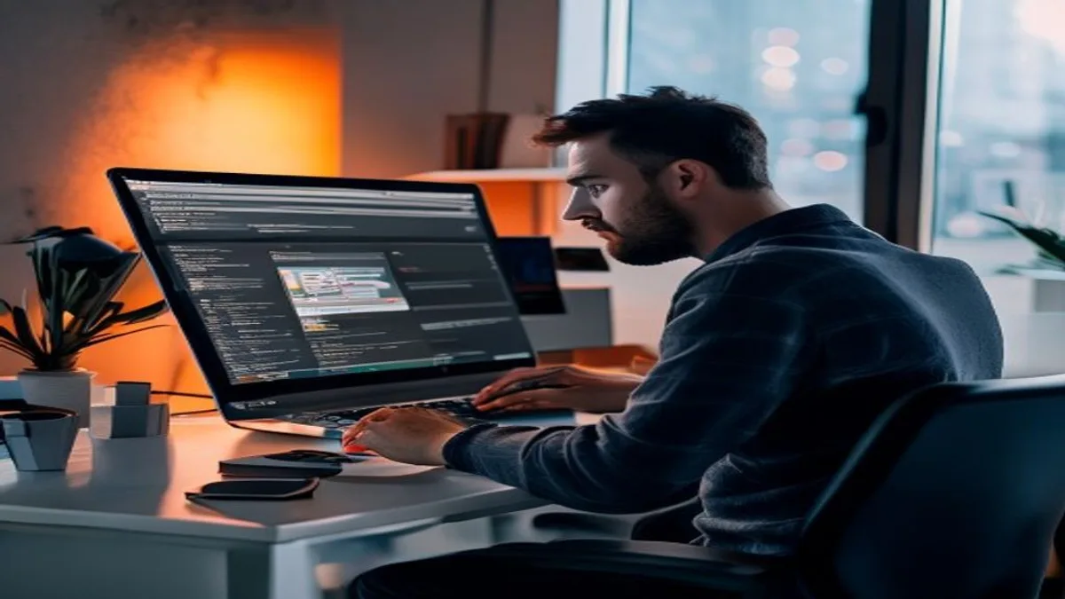 Web developer at a standing desk editing a Next.js sitemap file on a laptop